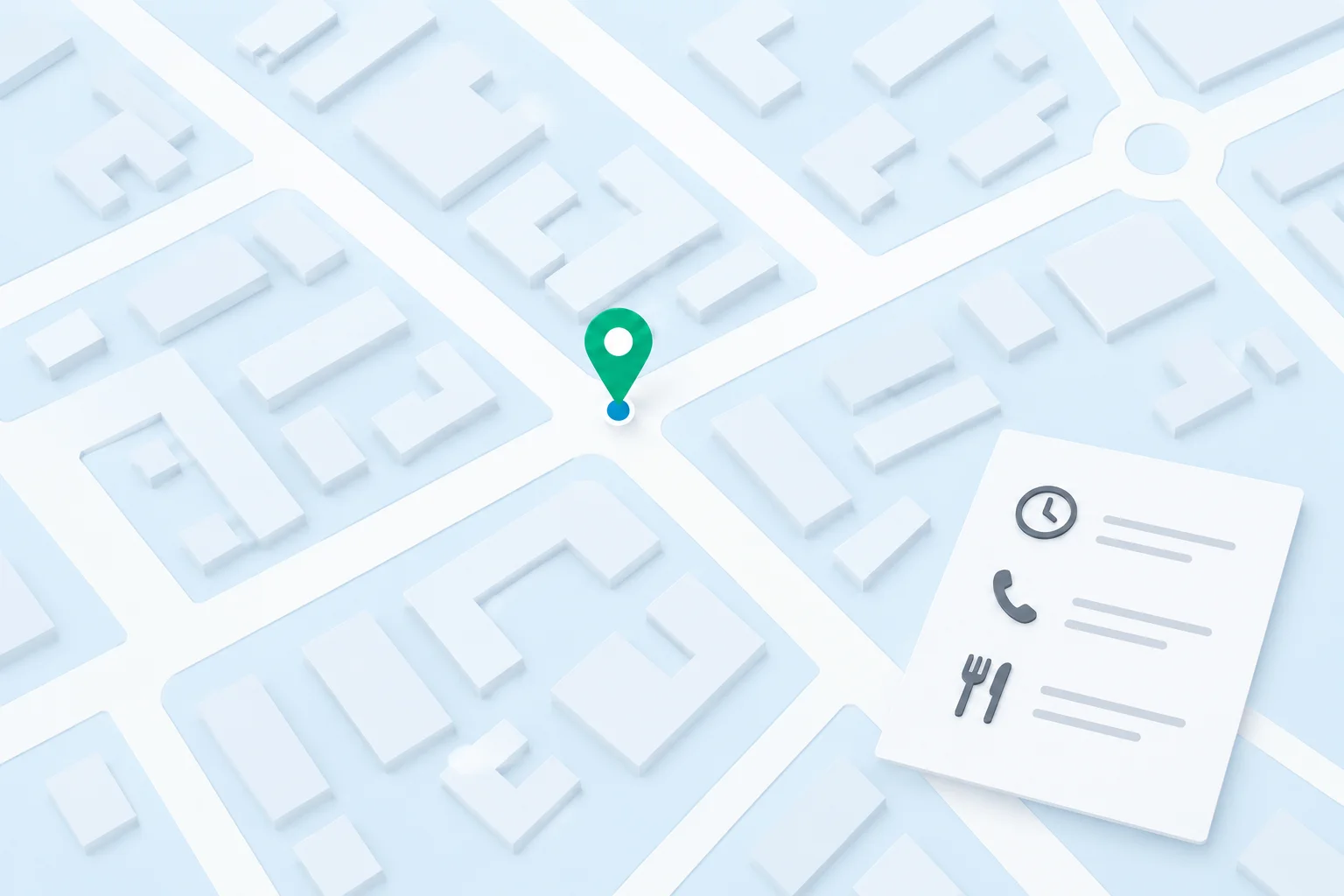Ilustración de un mapa con la ubicación del restaurante y una ficha de horarios, teléfono y carta.