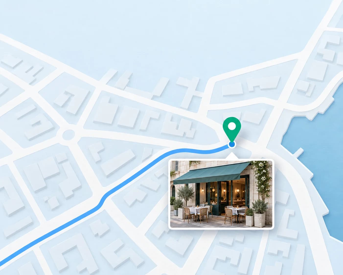 Il·lustració d’un mapa amb una ruta cap a un restaurant d’exemple i una fotografia generada de la façana