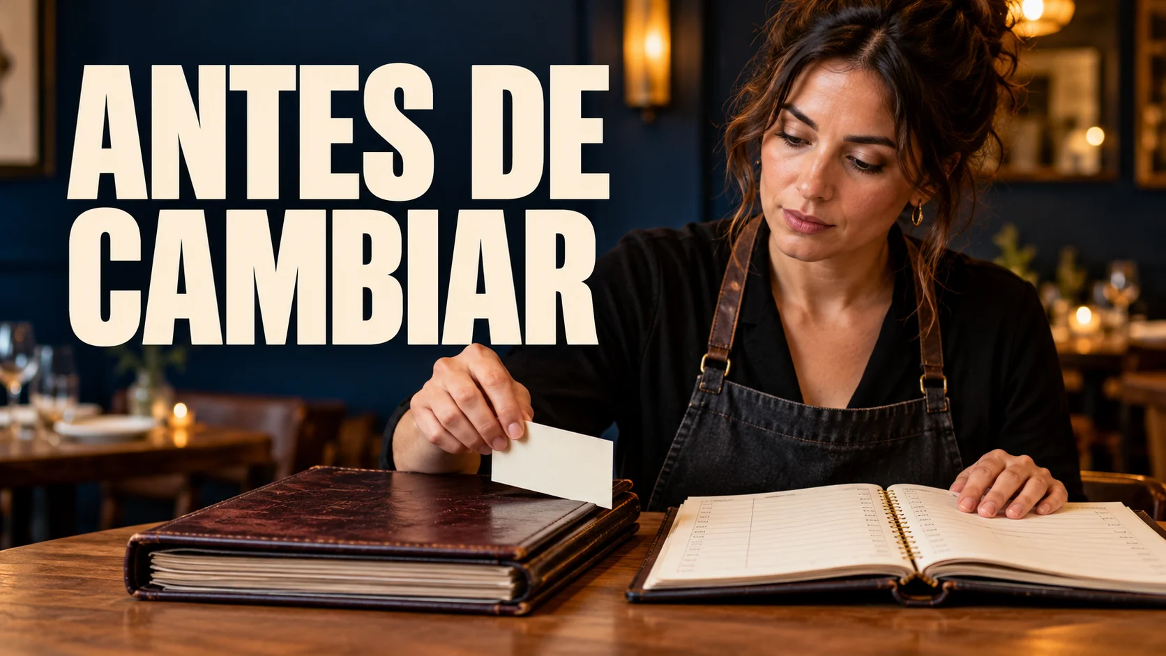 Restauradora comparando dos agendas antes de cambiar su sistema de reservas con el texto «Antes de cambiar»