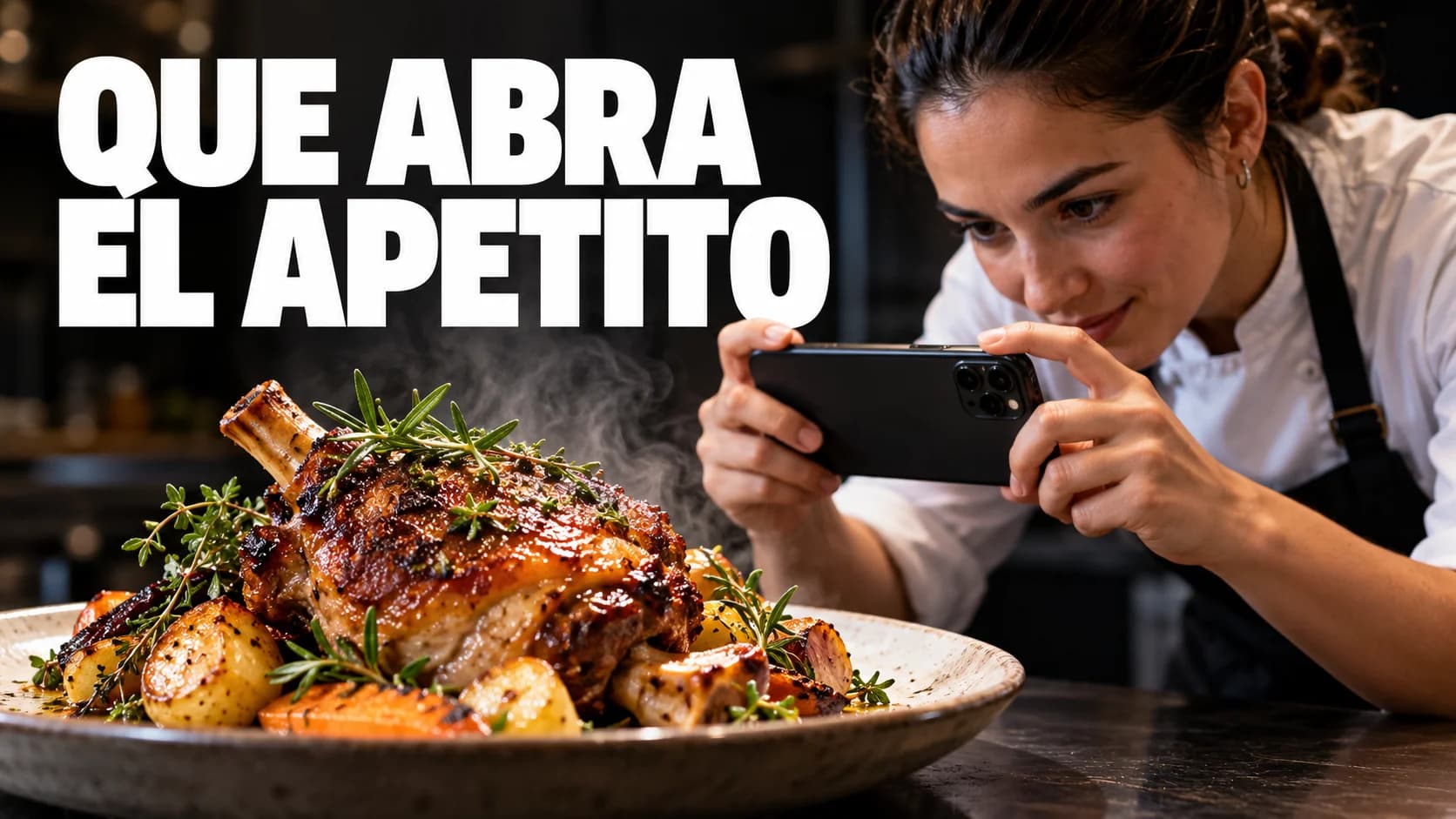Cocinera fotografiando un plato con el móvil con el texto «Que abra el apetito»