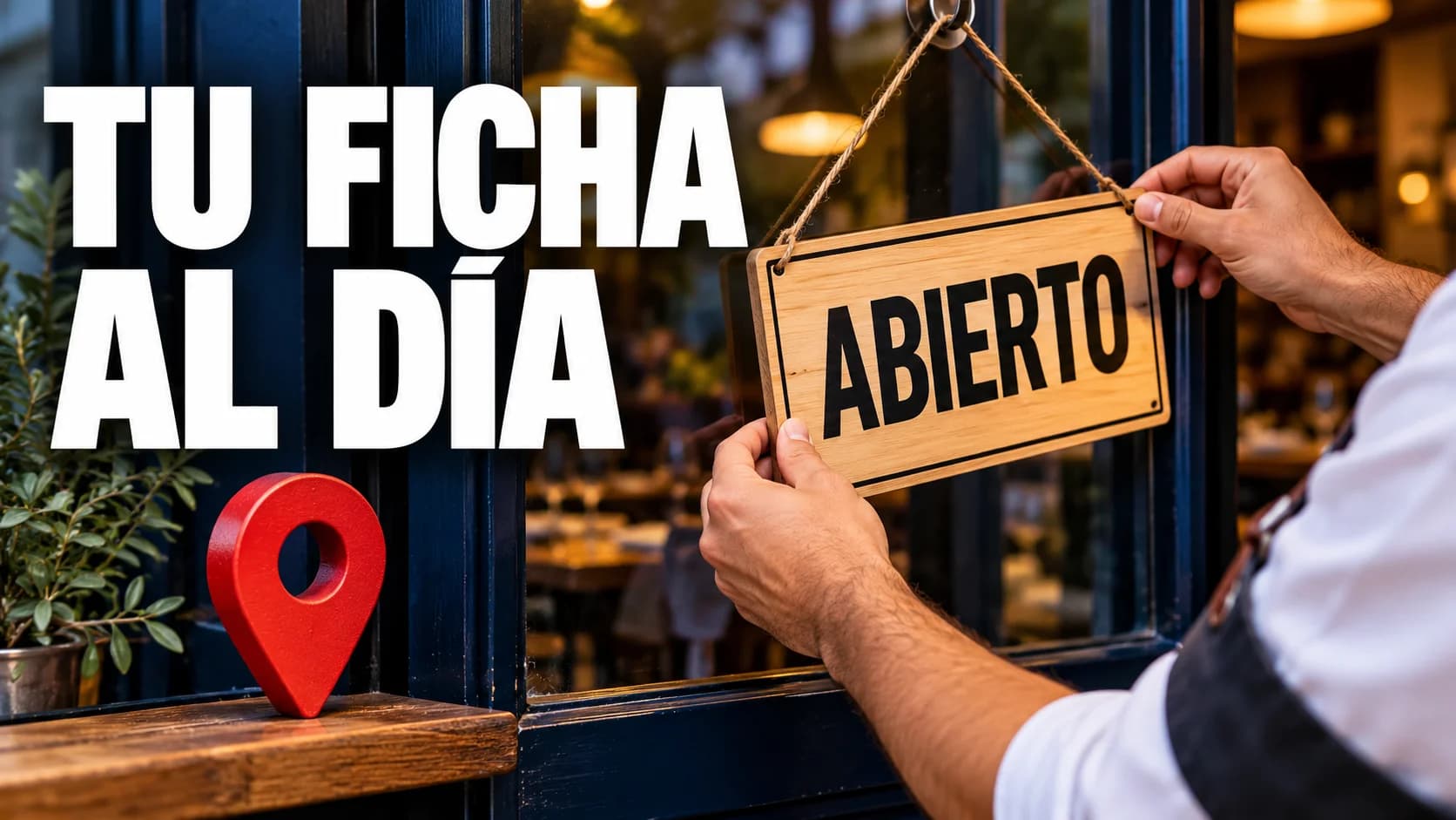Manos colocando un cartel de abierto en la puerta de un restaurante con el texto «Tu ficha al día»