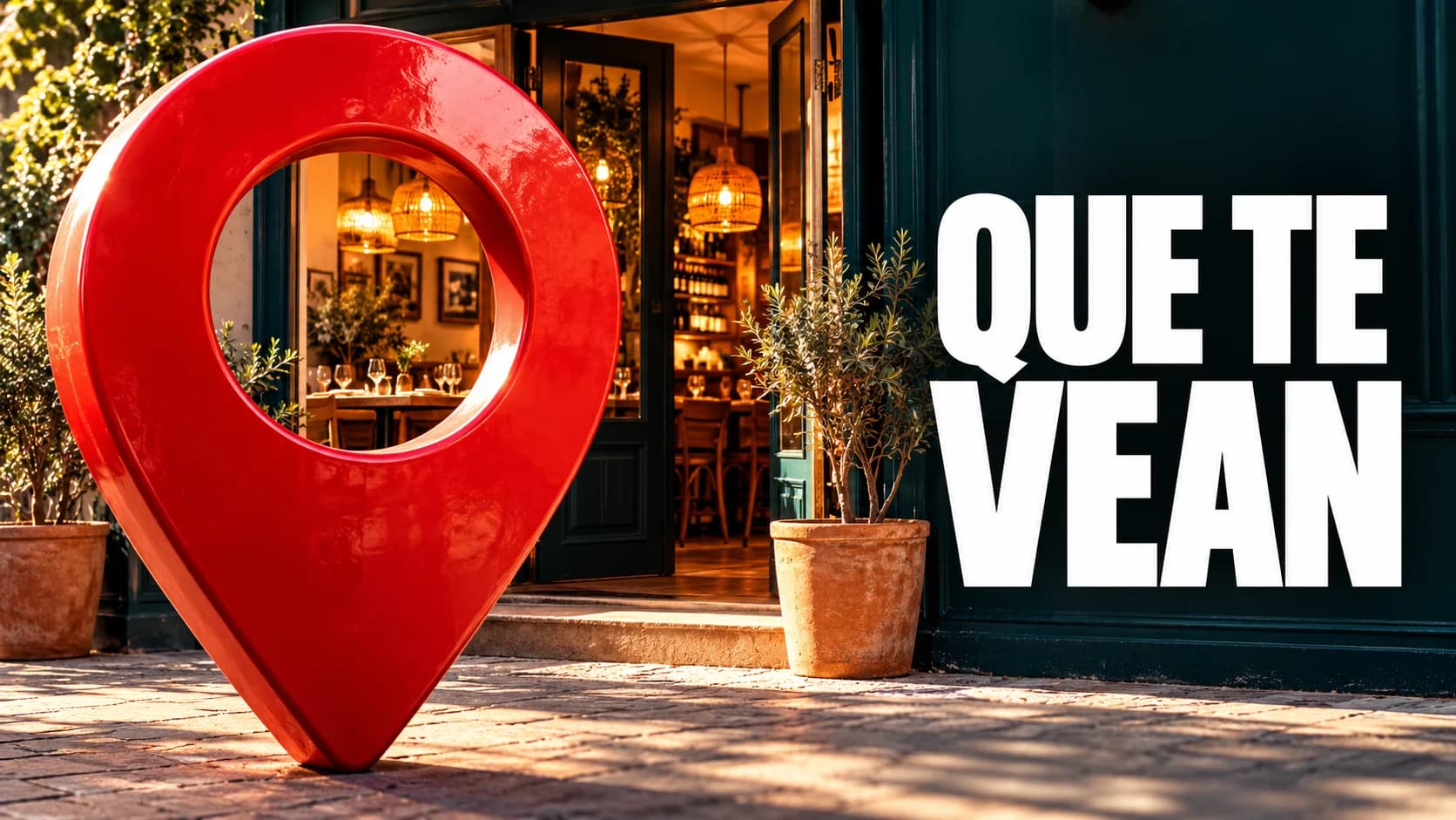 Pin rojo de ubicación ante un restaurante con el texto «Que te vean»