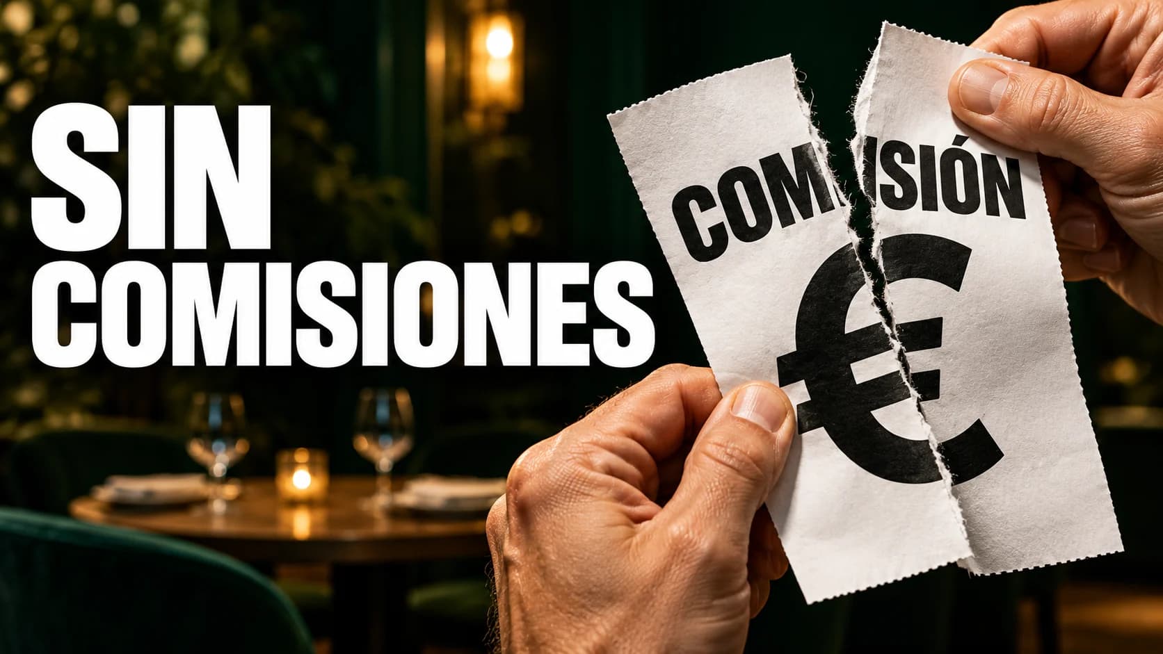 Manos rompiendo un recibo de comisión con el texto «Sin comisiones»