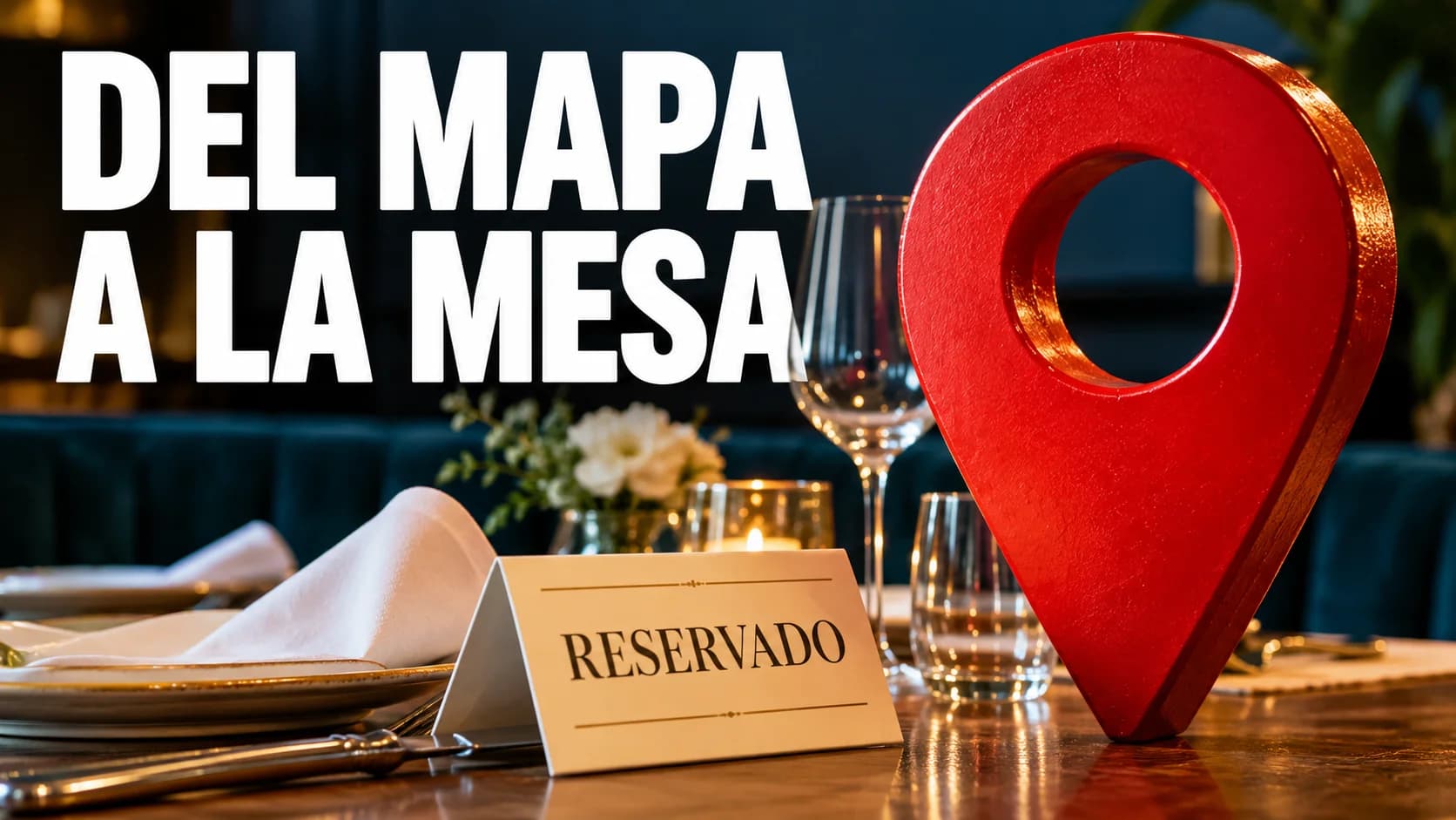 Pin rojo de ubicación junto a una mesa con cartel de reservado con el texto «Del mapa a la mesa»