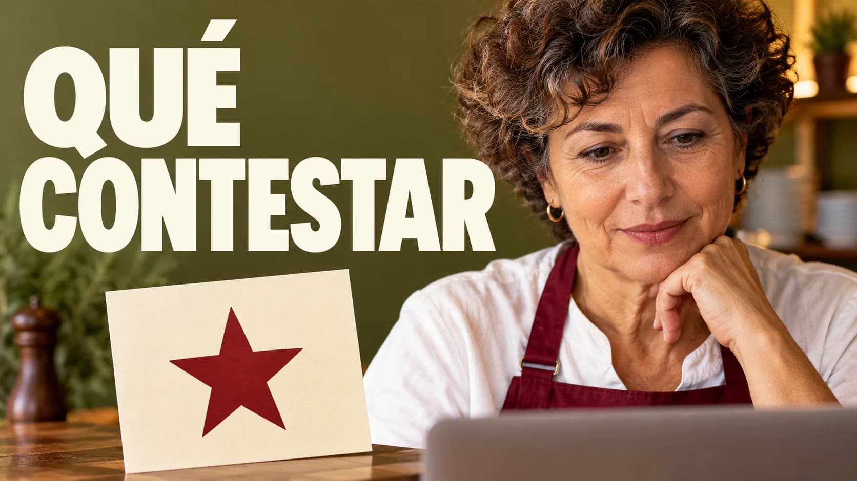 Restauradora preparando una respuesta a una reseña con el texto «Qué contestar»