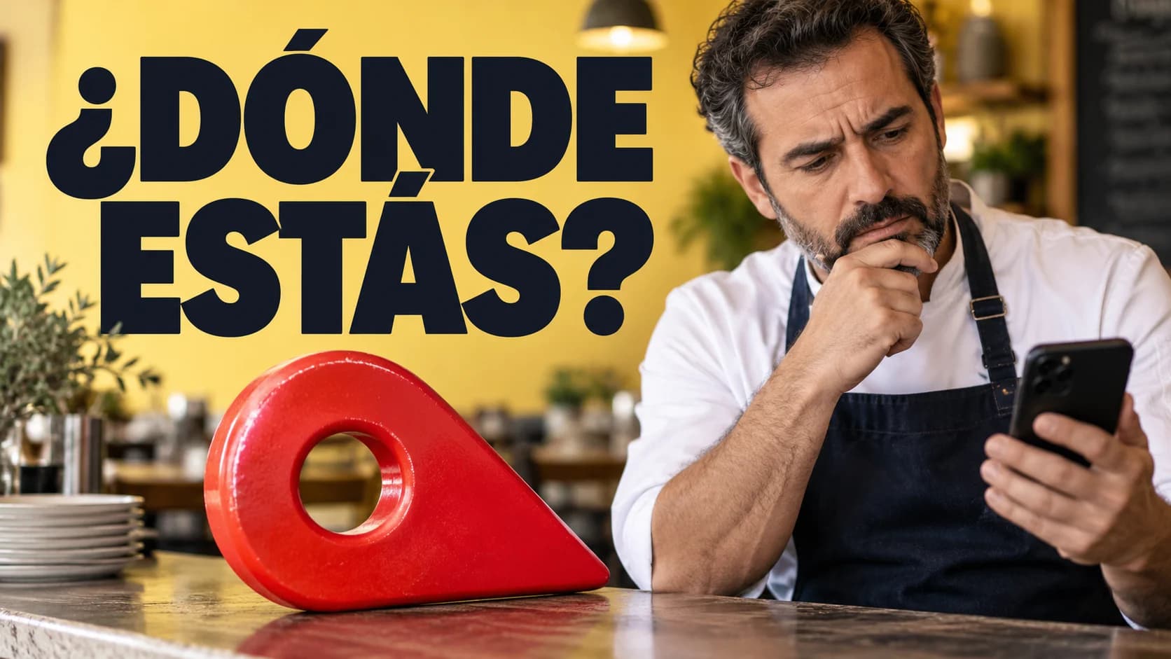 Restaurador buscando su local en el móvil junto a un pin de ubicación tumbado con el texto «¿dónde estás?»