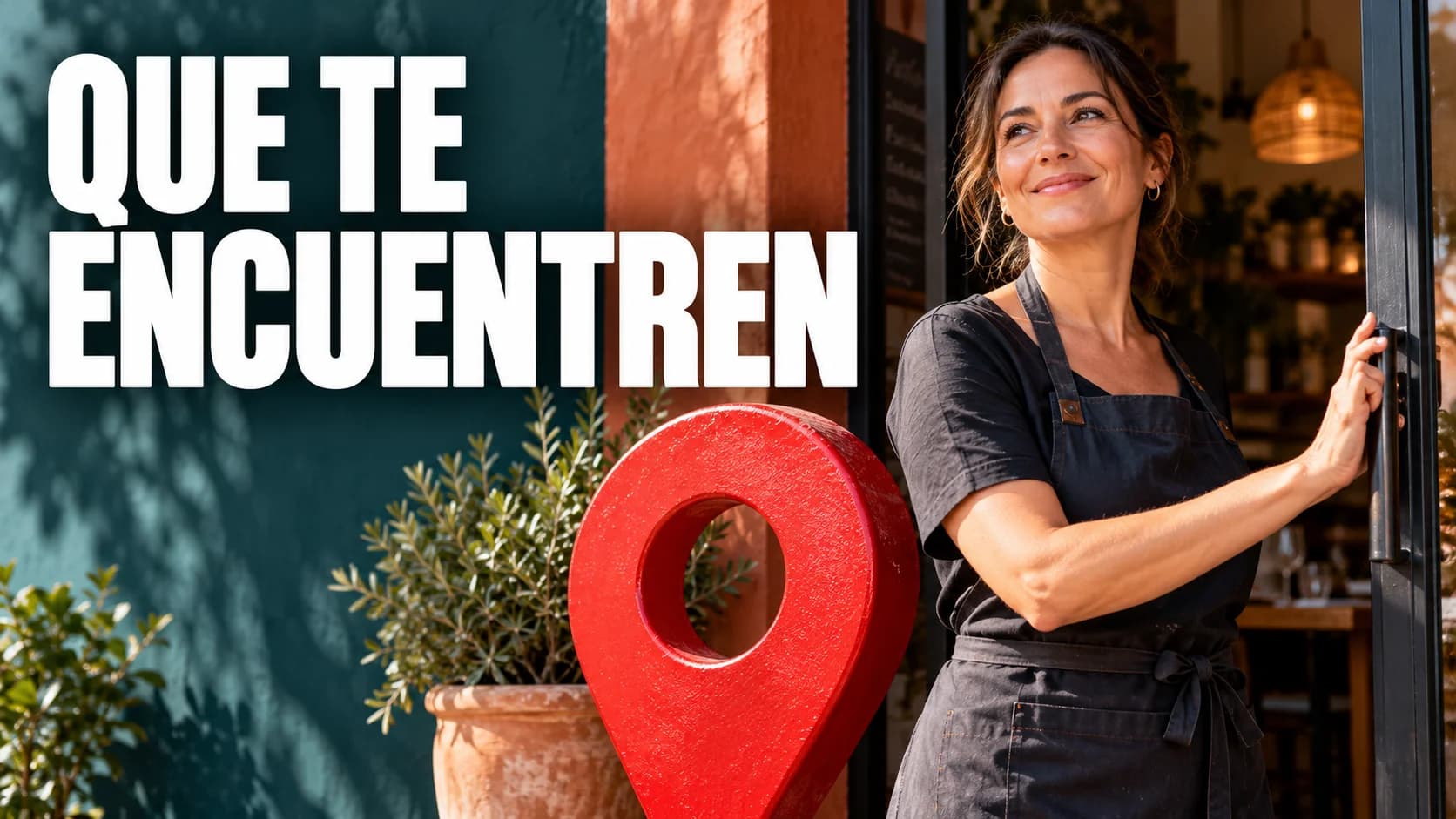 Restauradora en la entrada de su local junto a un pin de ubicación con el texto «Que te encuentren»