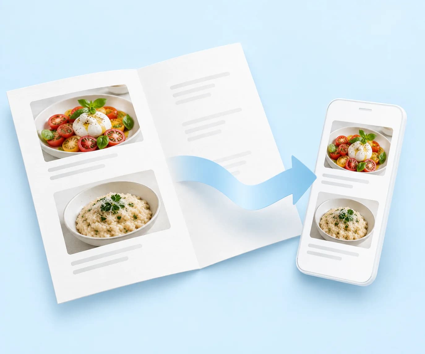 Illustration of a food menu connected to its mobile version.
