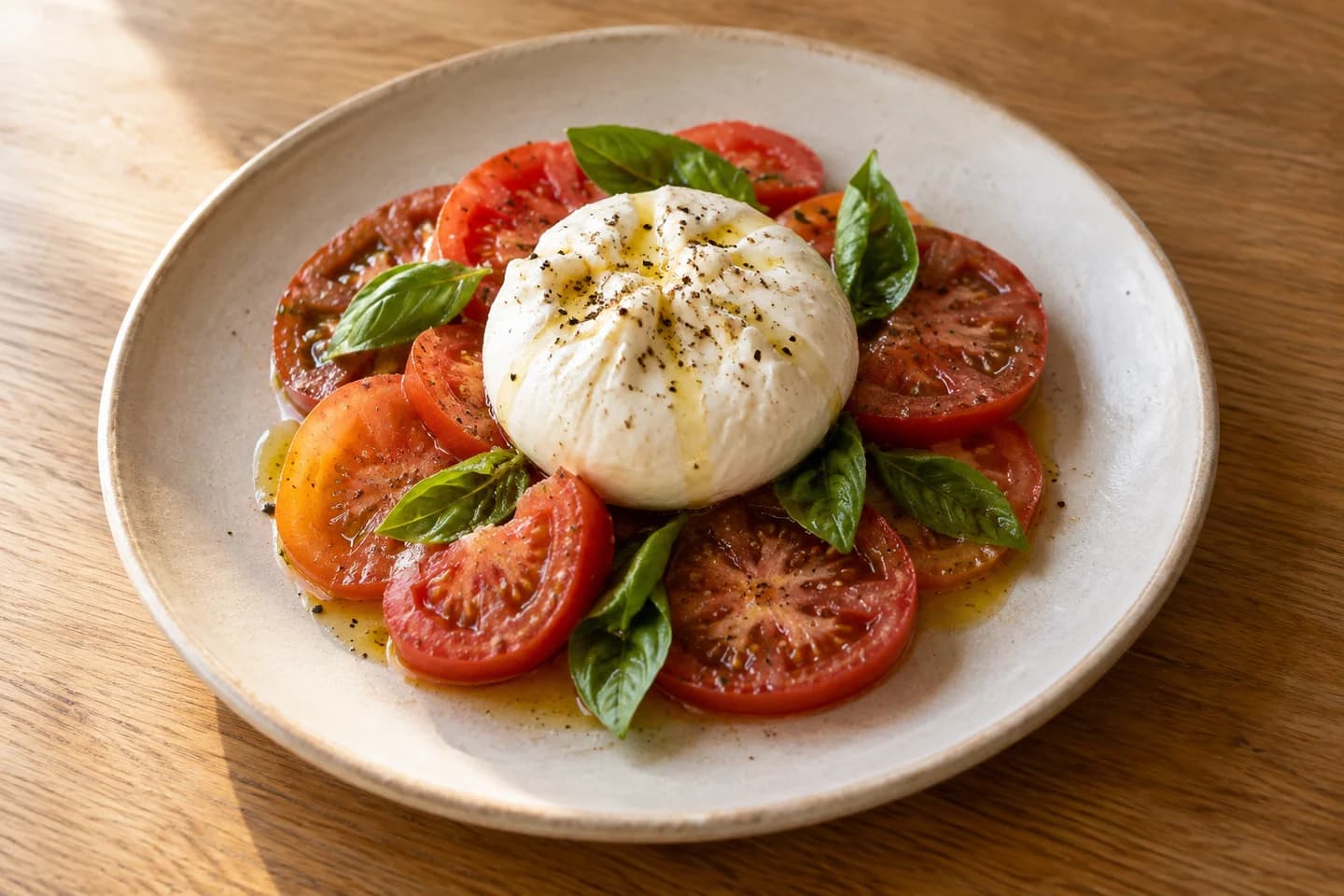 El mateix plat de burrata amb tomàquets, fotografiat amb llum natural; exemple generat