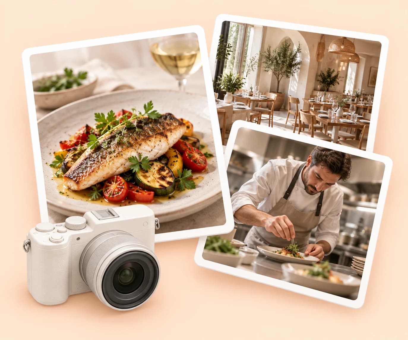 Il·lustració d’una càmera i fotografies d’un plat de peix, la sala d’un restaurant i un cuiner emplatant.