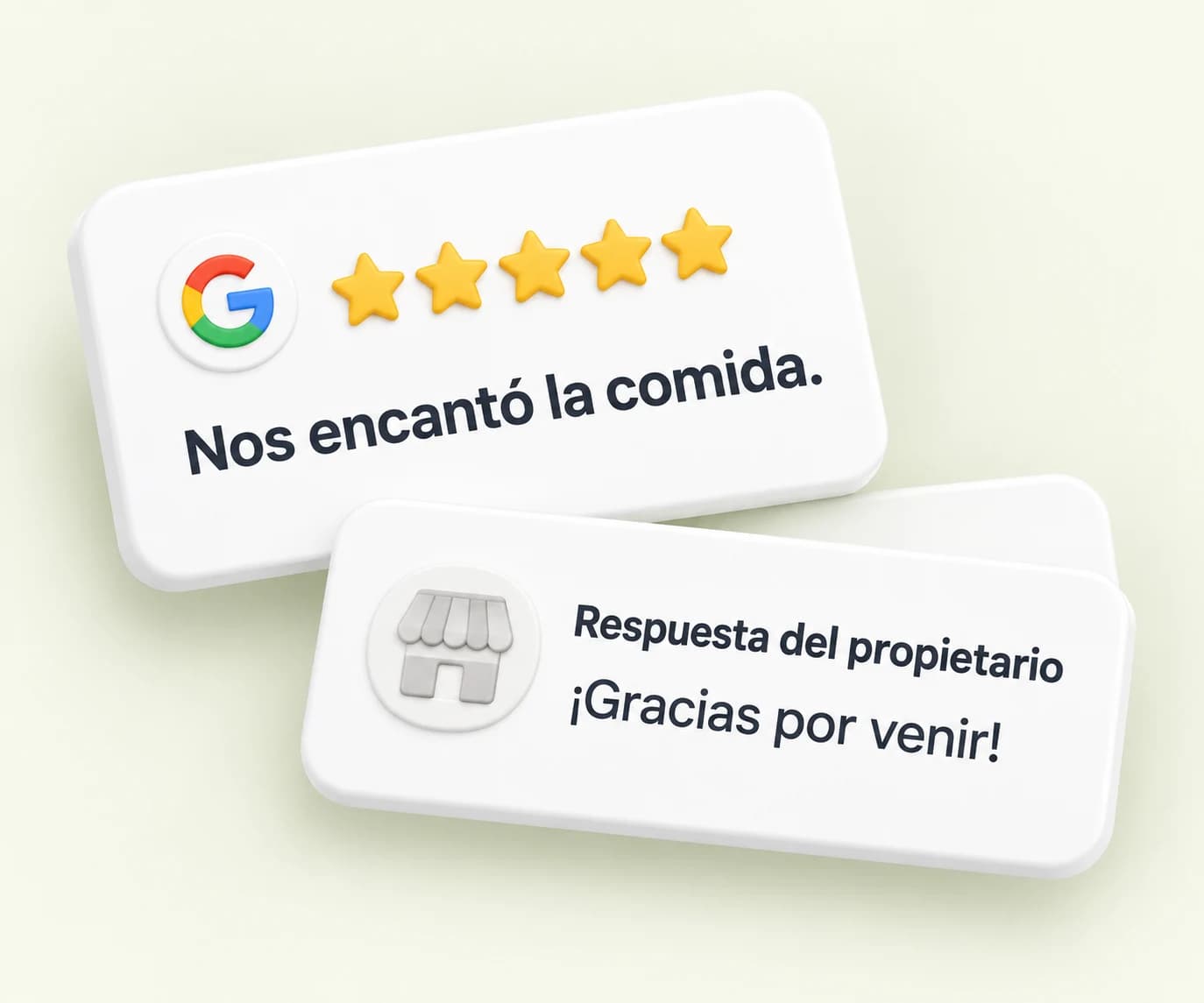 Illustration of a Google review and the owner’s reply: “We loved the food” and “Thanks for coming!”.