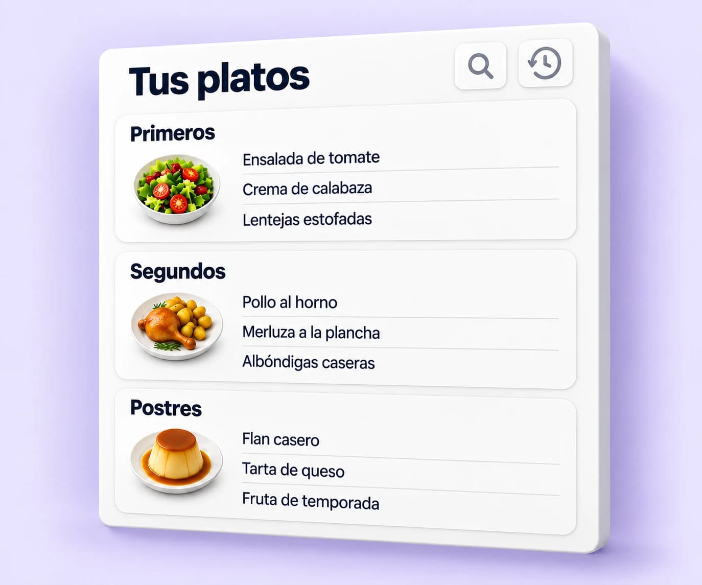 Historial de nueve platos guardados, organizado en primeros, segundos y postres.