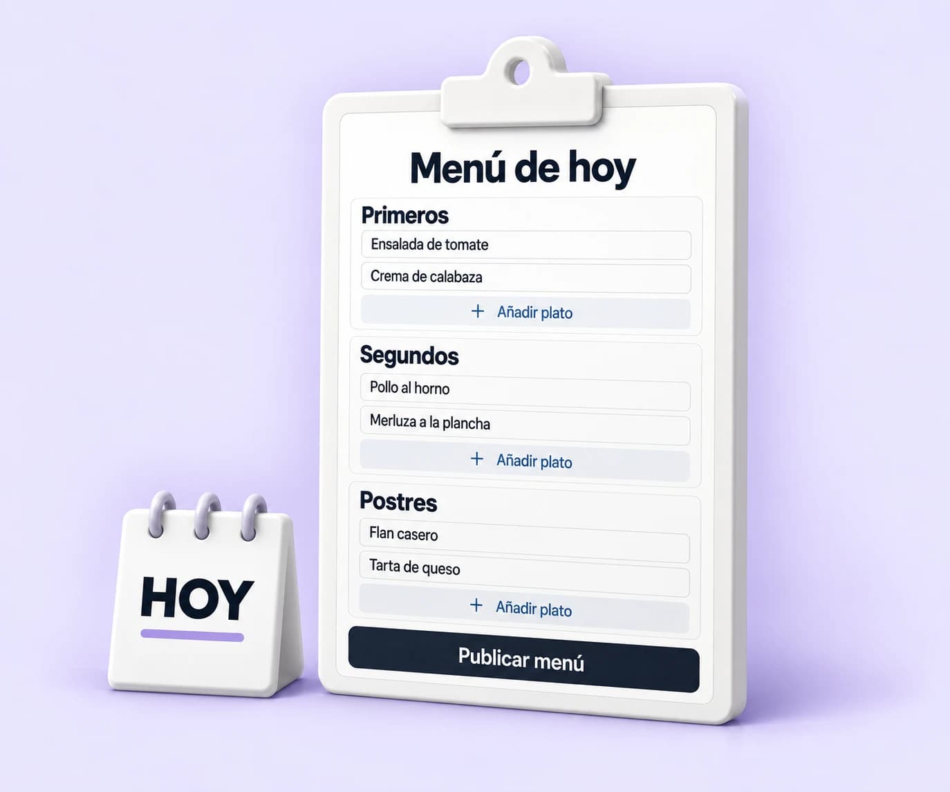 Menú de hoy con platos por categoría, controles para añadir platos y acción de publicar.