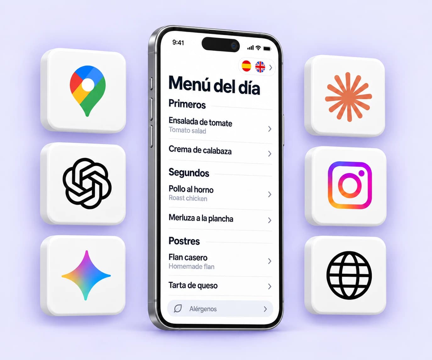 Menú del día en un móvil, con selector de idiomas arriba a la derecha y canales de publicación.