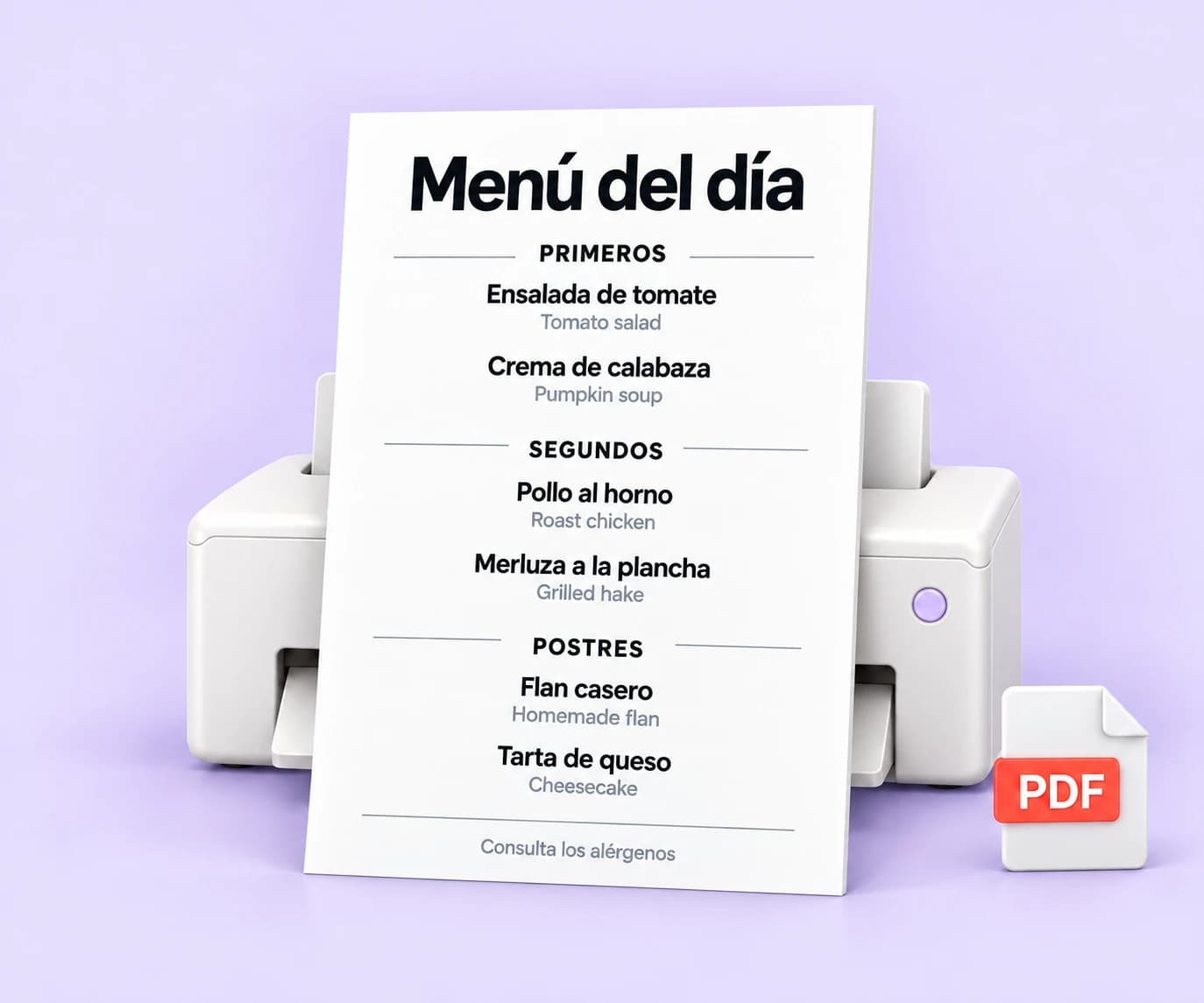 Menú del día impreso sin fotos, con primeros, segundos, postres y traducciones, junto a una impresora y un PDF.