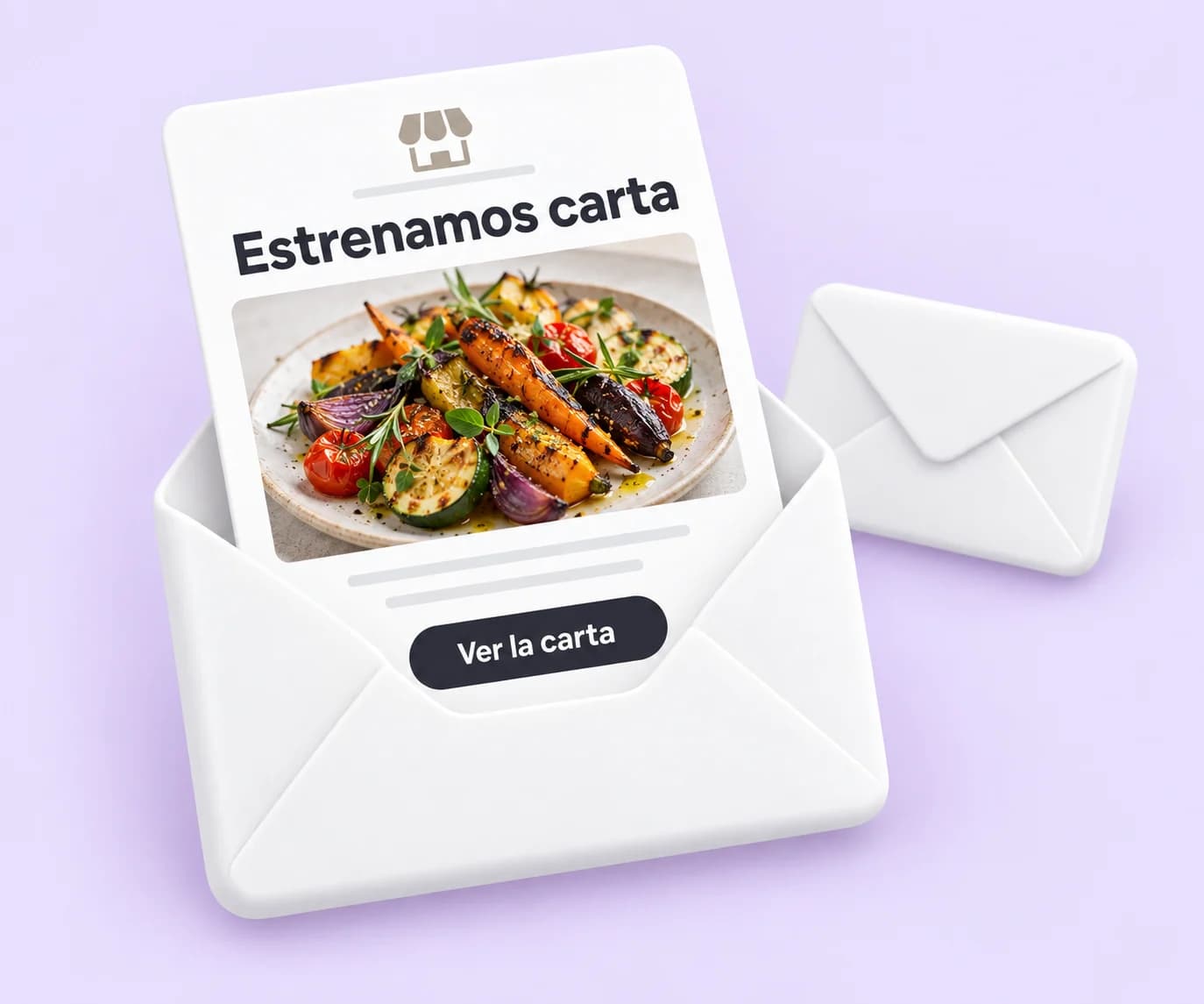 Ilustración de un email de restaurante con una foto de platos y un enlace a la carta, dentro de un sobre blanco.