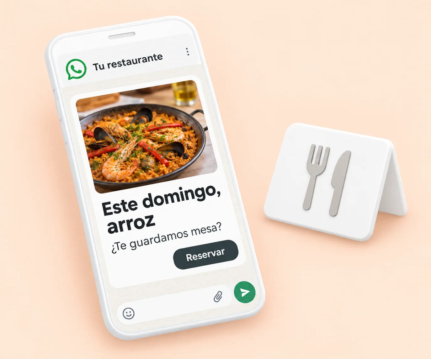 Il·lustració d’un WhatsApp amb un arròs de diumenge i un enllaç per reservar.