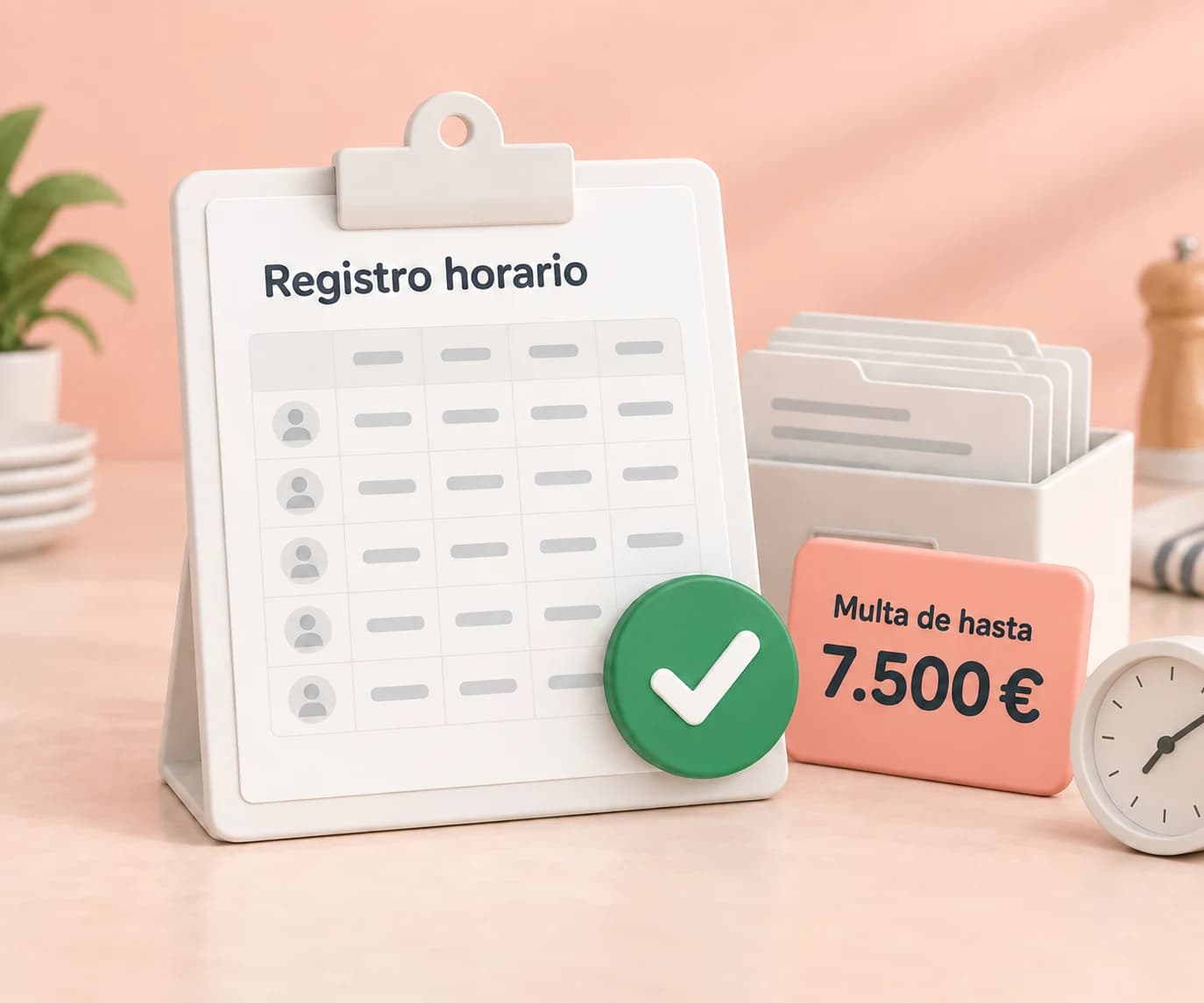 Registro horario verificado junto a un aviso de multa de hasta 7.500 euros