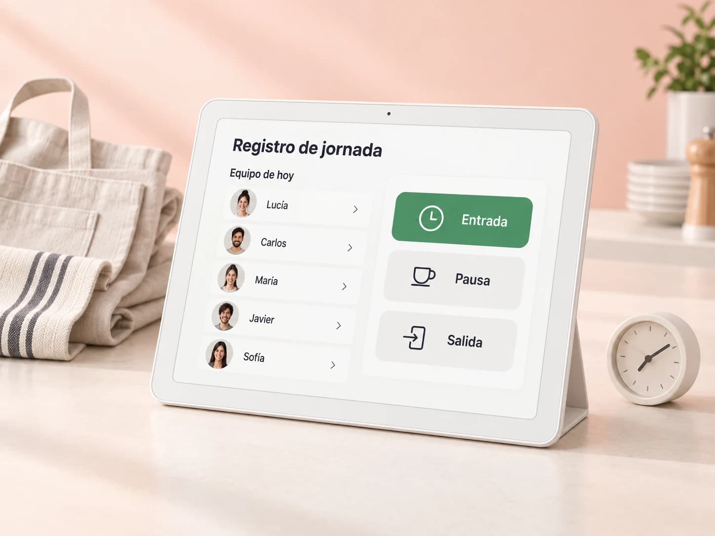 Tablet compartida en la zona de personal con una interfaz para registrar entrada, pausa y salida.