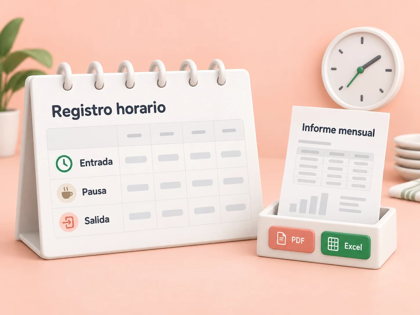Ilustración de un registro horario mensual con entradas, pausas y salidas, junto a un informe exportable en PDF y Excel.