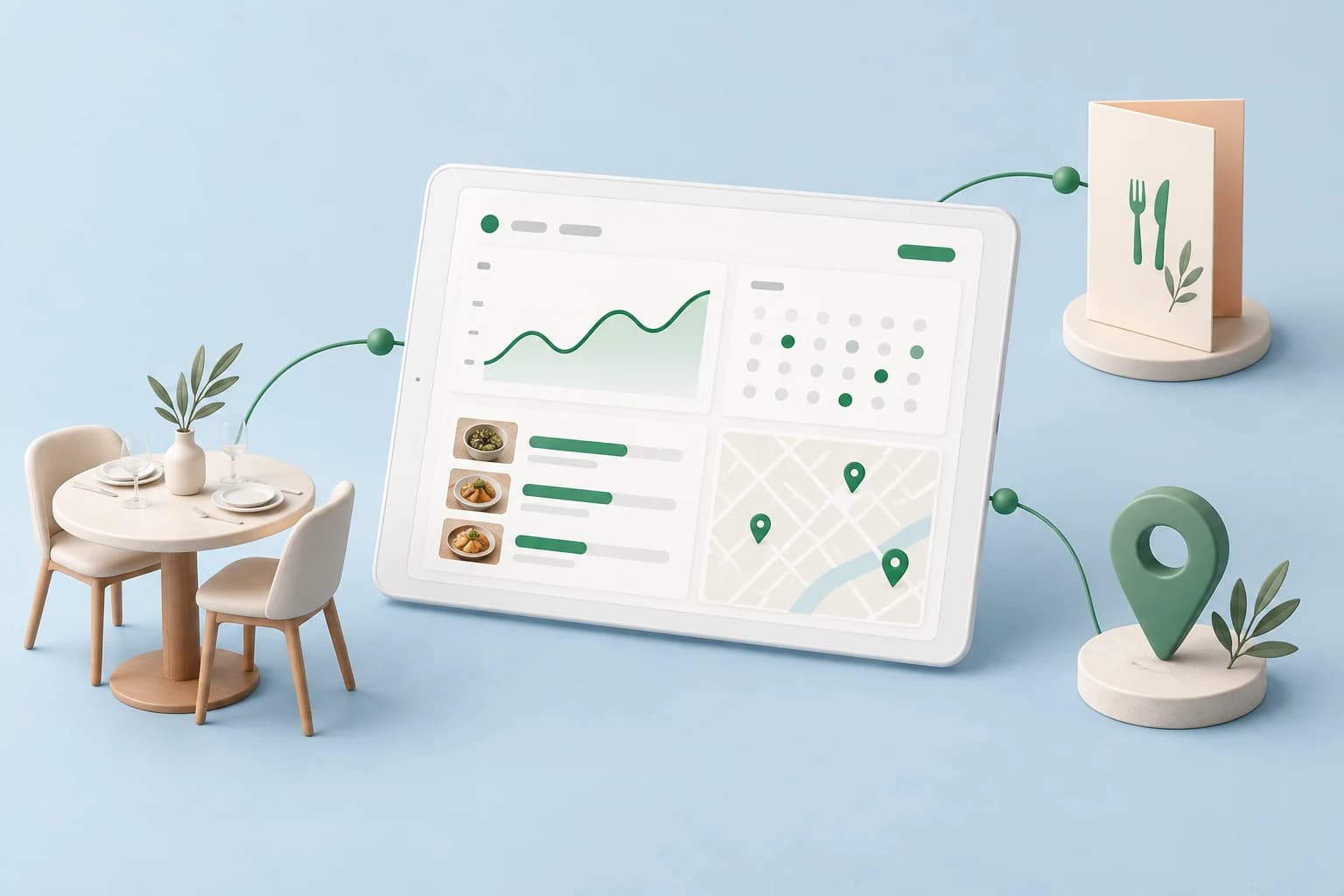 Il·lustració de Menuveo Studio amb l’activitat de Google Maps, la carta i les reserves reunida en una pantalla.
