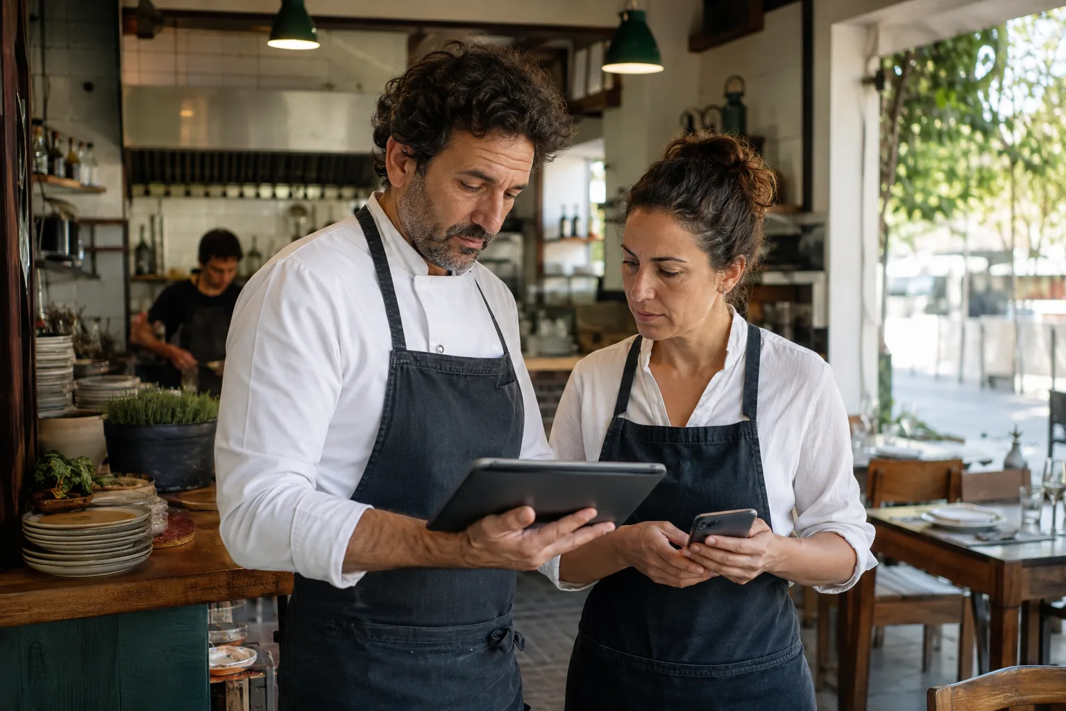 Dueño de un restaurante consultando el móvil en la puerta del local