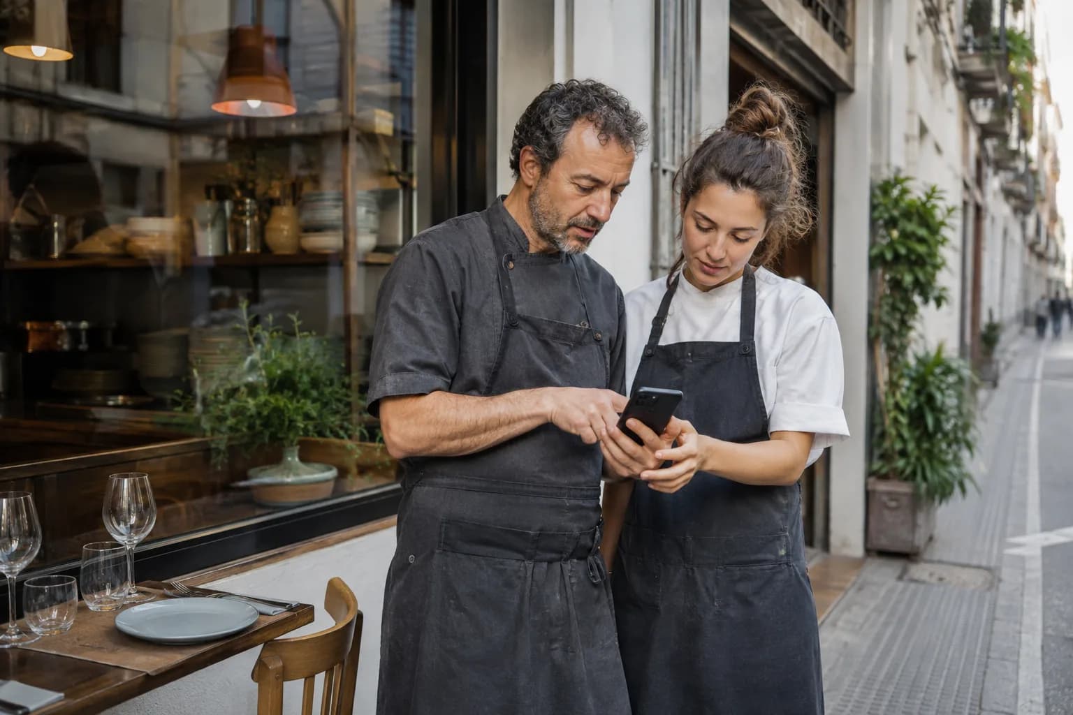 Dueño de restaurante gestionando su ficha de Google desde el móvil
