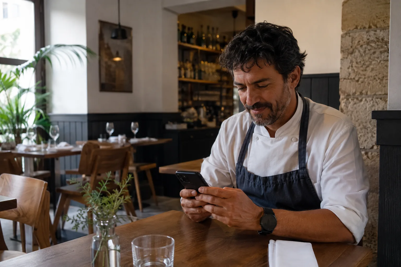 Cocinero y propietario de un restaurante en la puerta de su cocina