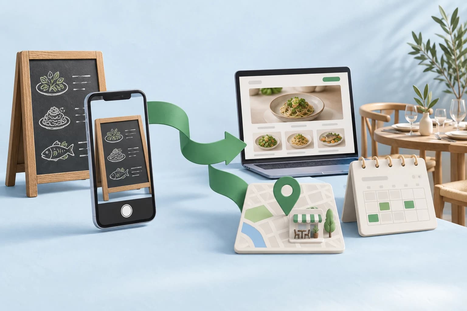 Ilustración de una foto del menú que actualiza la web, Google Maps y las reservas del restaurante