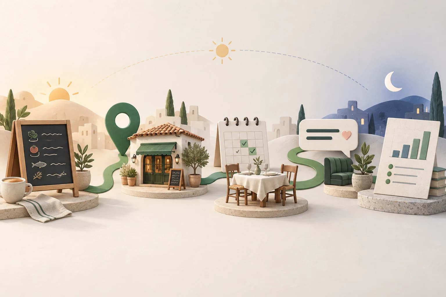 Ilustración del día de un restaurante conectado: menú, Google Maps, reservas, clientes y resultados