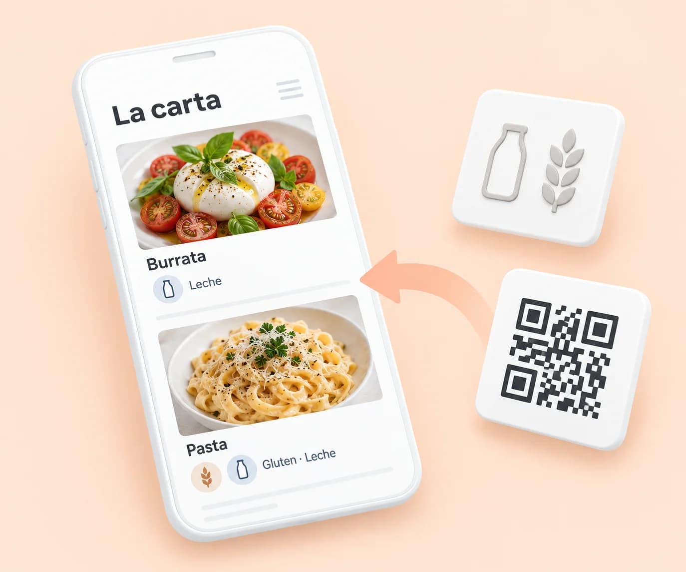 Illustrative digital menu on a phone, with dish photos and allergen information.