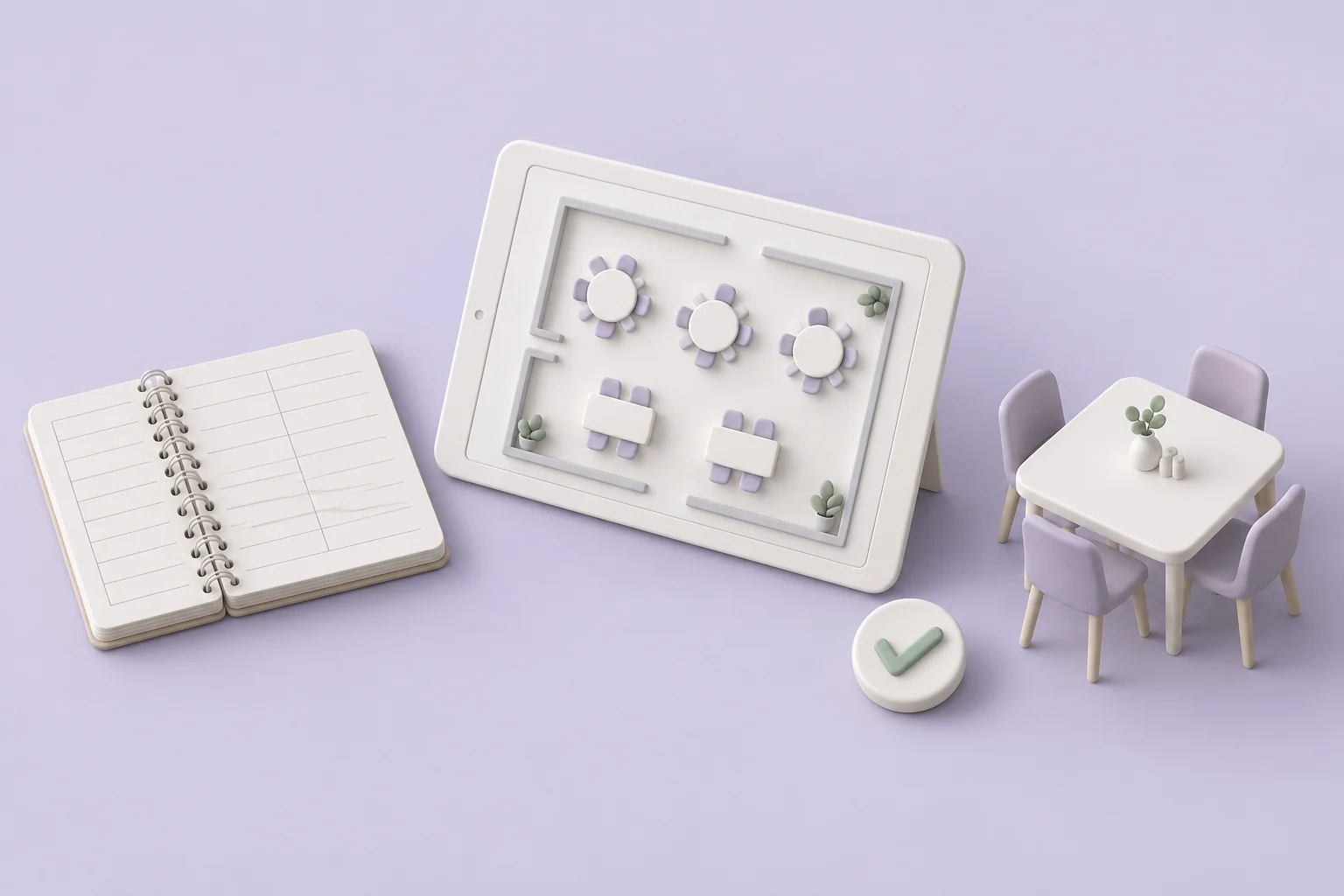 Illustration of a booking notebook beside a digital table plan, showing preparation for a change of system.