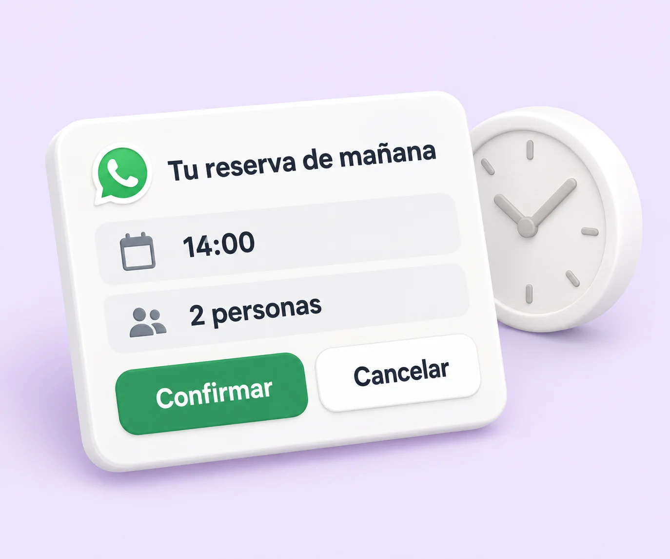 Ilustración de un recordatorio con la hora de la reserva y opciones para confirmar o cancelar.