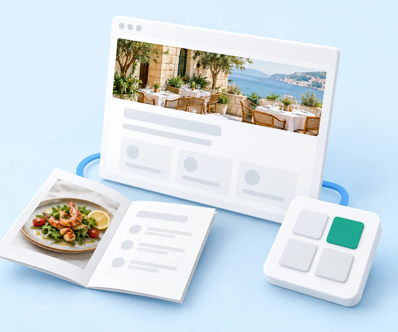 Il·lustració del web d’un restaurant connectat amb la seva carta i les seves reserves; exemple generat