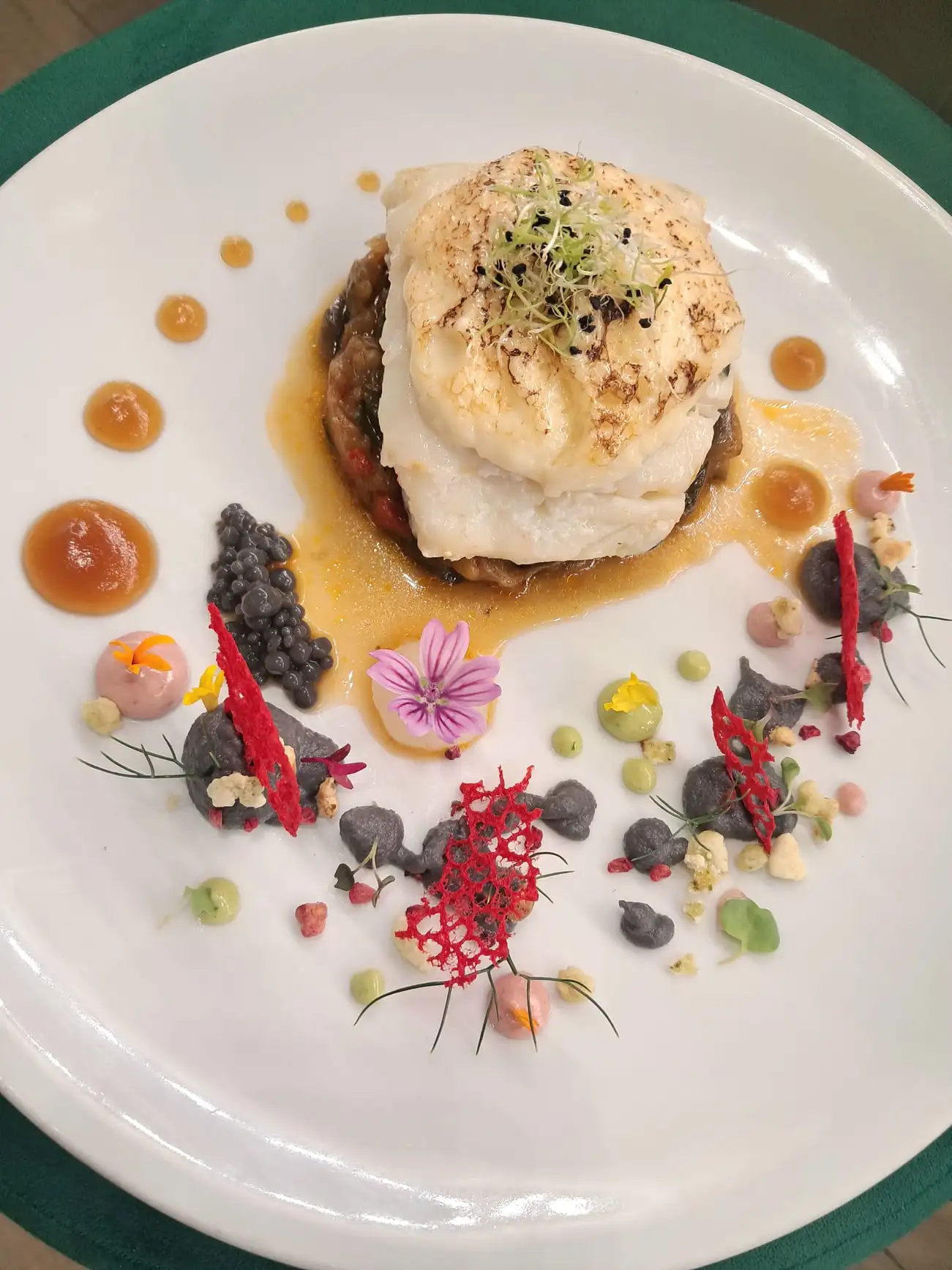 Bacallà confitat amb musselina d’all sobre xamfaina amb presentació creativa al Restaurant Samuga, cuina catalana a Sant Llorenç de la Muga (Girona)