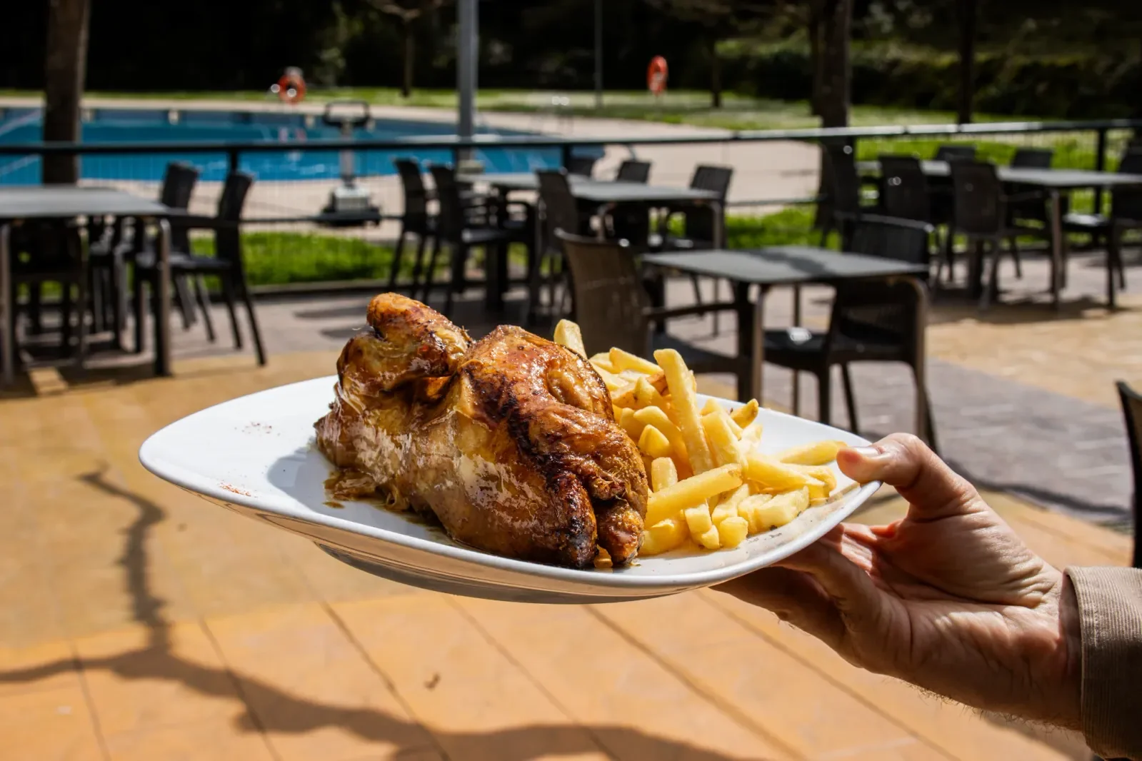 Pollo asado con patatas fritas en la terraza de Agumas, restaurante de cocina casera en Albanyà, Girona