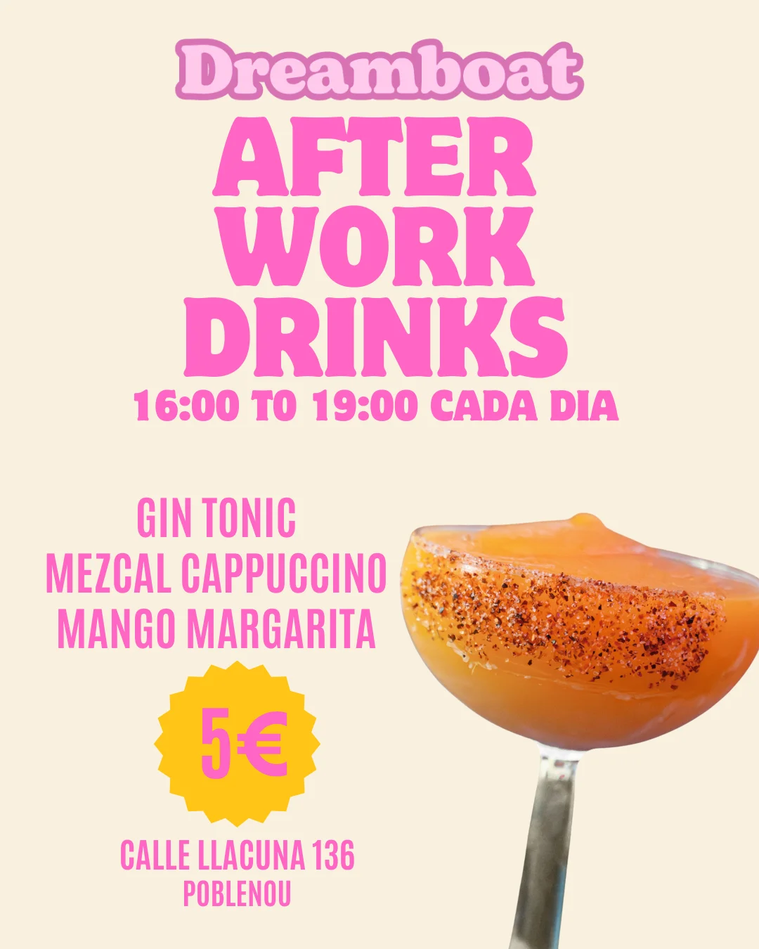 Flyer de Dreamboat Bar & Deli en Barcelona promocionando bebidas afterwork como Gin Tonic y Mango Margarita en Sant Martí.