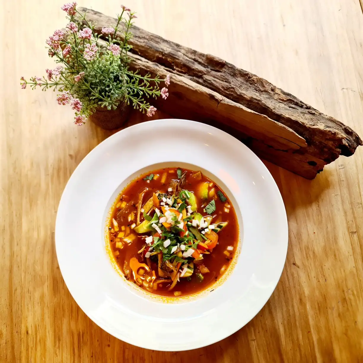Sopa mediterránea servida en Amélie Restaurant, un lugar destacado en Plaça de la Vila de Gràcia, Barcelona, especializado en cocina mediterránea.