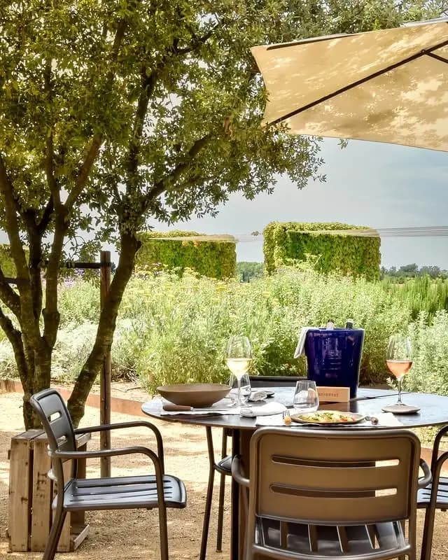 Terraza exterior de Celler 1923 en Peralada, ideal para disfrutar de la cocina mediterránea rodeado de naturaleza en la Bodega Perelada.