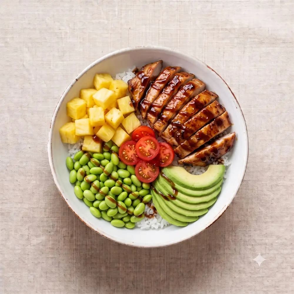 Bowl Maui Glow con arroz, edamame, aguacate, piña, tomate y proteína vegetal en Tahiti Poke & Co, restaurante vegano en Salou