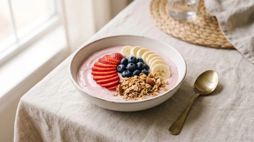 Bowl cremoso tipo açaí con fresas, plátano, arándanos y granola sobre mesa de lino en Tahiti Poke & Co en Salou