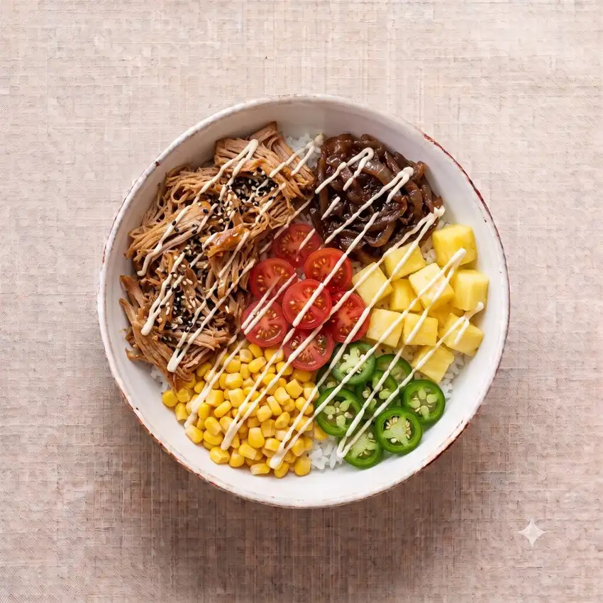Poke bowl Big Island con pollo desmechado, piña, maíz, tomate cherry y jalapeños en Tahiti Poke & Co en el centro de Salou