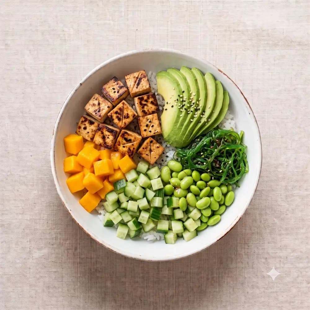 Bowl Bora Bora vegano con tofu marinado, mango, aguacate, pepino, edamame y alga sobre arroz en Tahiti Poke & Co, Salou
