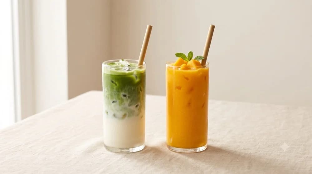 Vaso de iced matcha latte y smoothie de mango con hielo sobre mantel claro en Tahiti Poke & Co, restaurante vegano en Salou