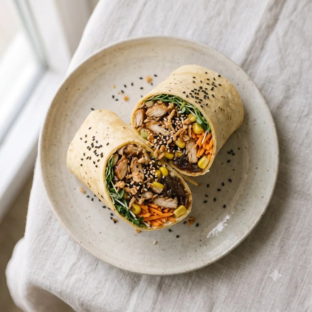 Roll Honua partido por la mitad en plato de cerámica, con verduras, maíz y sésamo en Tahiti Poke & Co, restaurante vegano en Salou