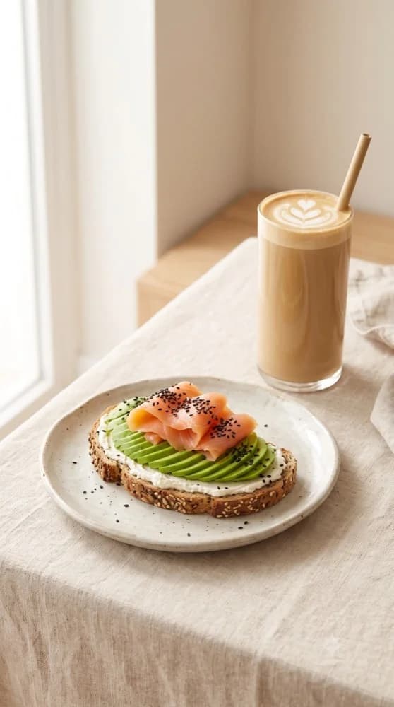 Tostada de pan de semillas con aguacate laminado, crema y salmón acompañada de café latte en Tahiti Poke & Co, Salou