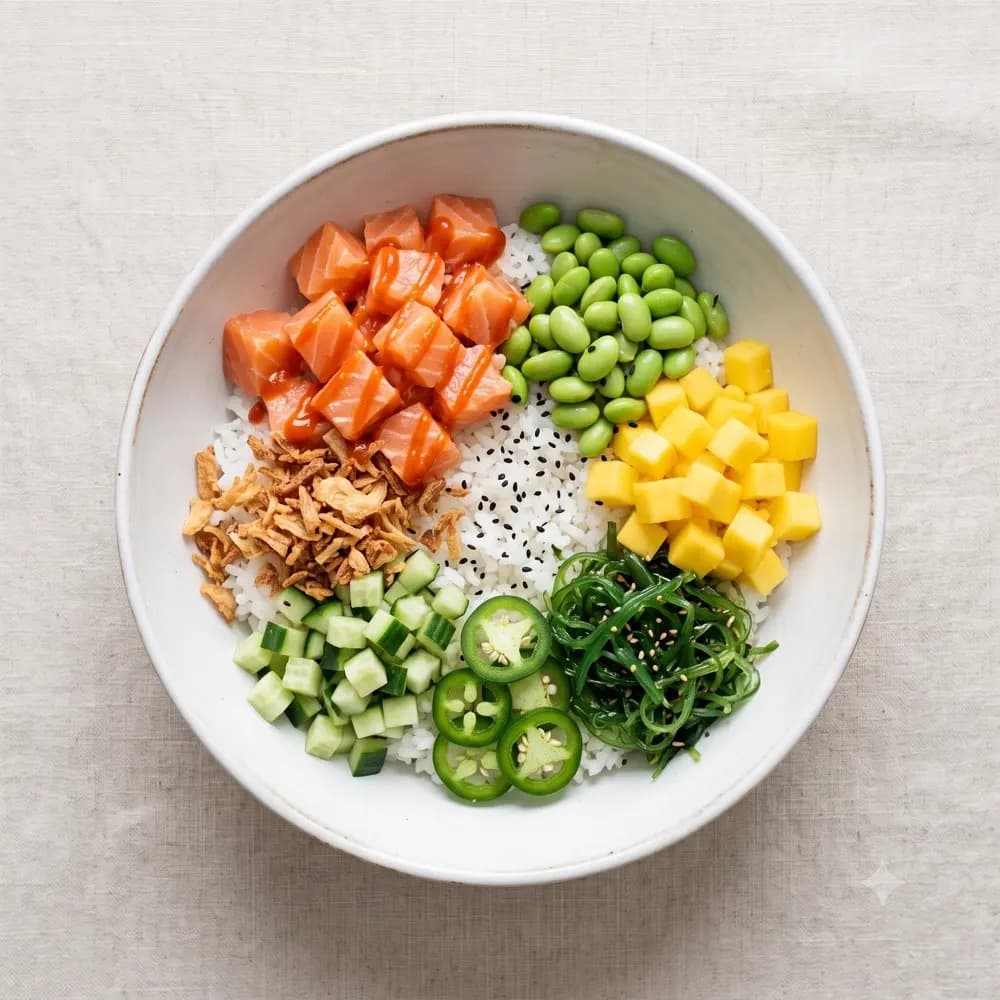 Poke bowl vegano con arroz, mango, edamame, pepino, jalapeños y alga wakame en Tahiti Poke & Co en el centro de Salou