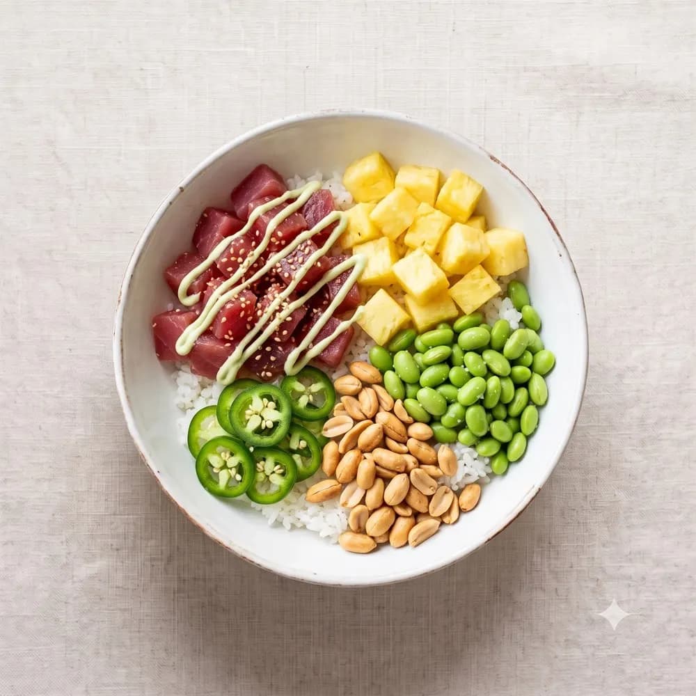 Bowl Volcano Mood con dados de atún, piña, edamame, jalapeños y cacahuetes sobre arroz en Tahiti Poke & Co, en el centro de Salou