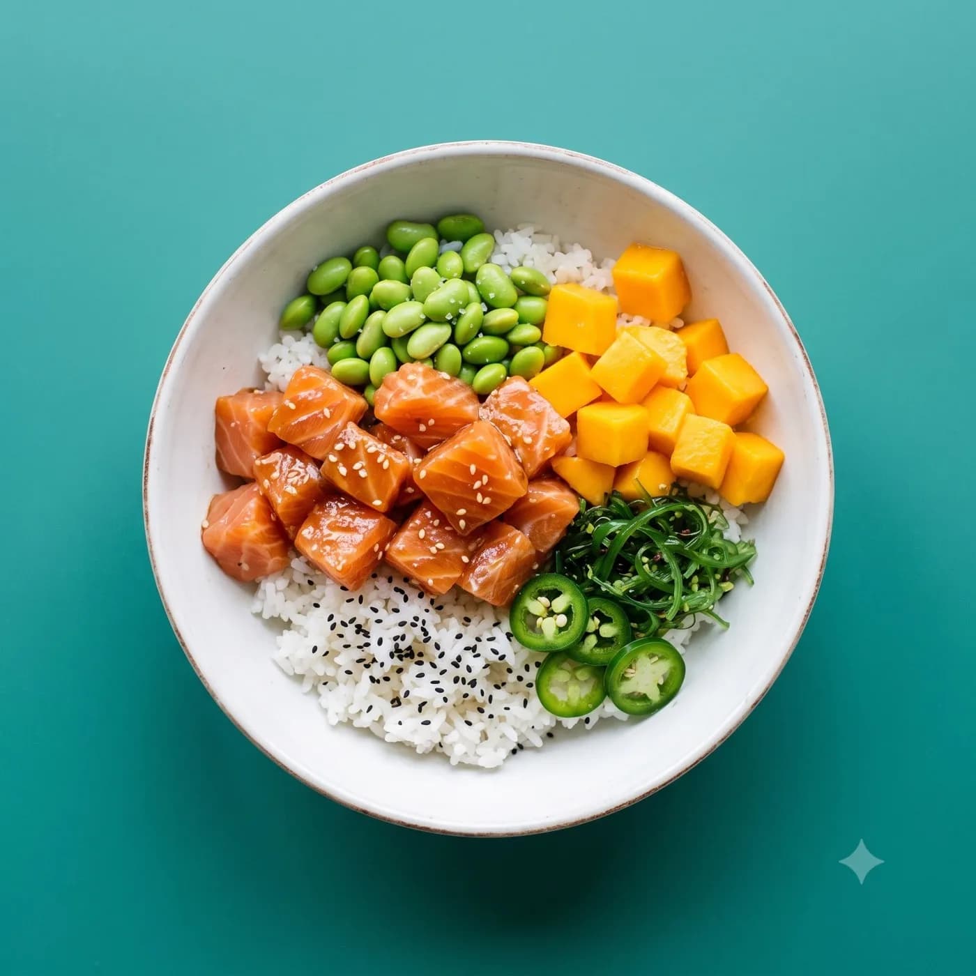 Poke bowl de salmón marinado con mango, edamame, alga wakame y jalapeño sobre arroz en Tahiti Poke & Co, restaurante vegano en Salou