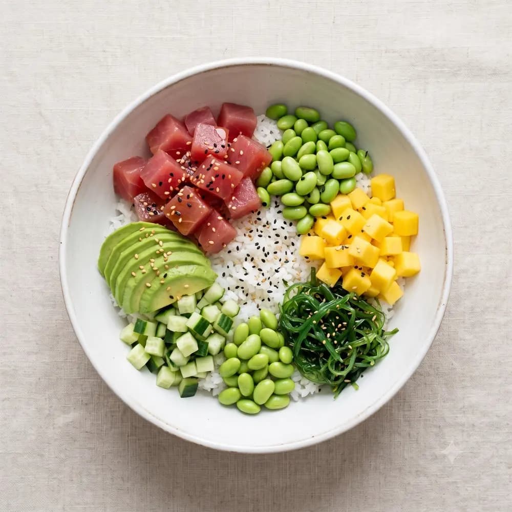 Bowl Bora Bora de Tahiti Poke & Co en Salou, con arroz, dados de proteína vegetal tipo atún, edamame, mango, aguacate, pepino y alga wakame